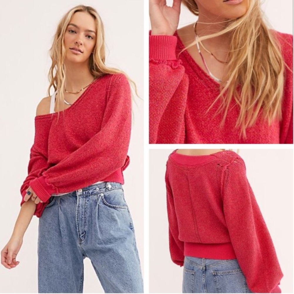 NWT FREE PEOPLE Riptide Blouson Sleeve Sweater hot pink